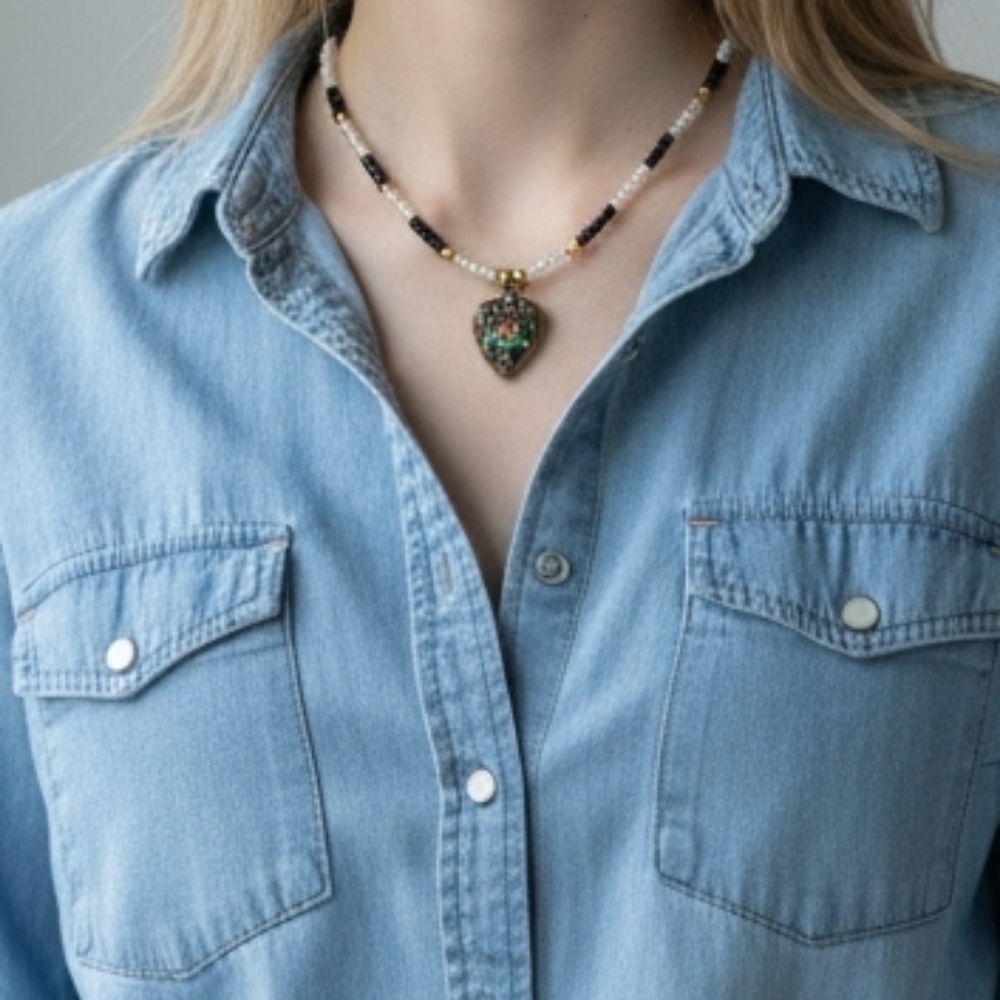 Handmade Beaded Necklace w/ Gilded Age Pendant - Picture 6 of 8